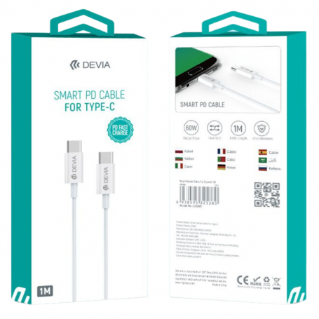 Câble Type C / Type C - Devia Smart Series - 20V 3A 60W 1.2M - Noir