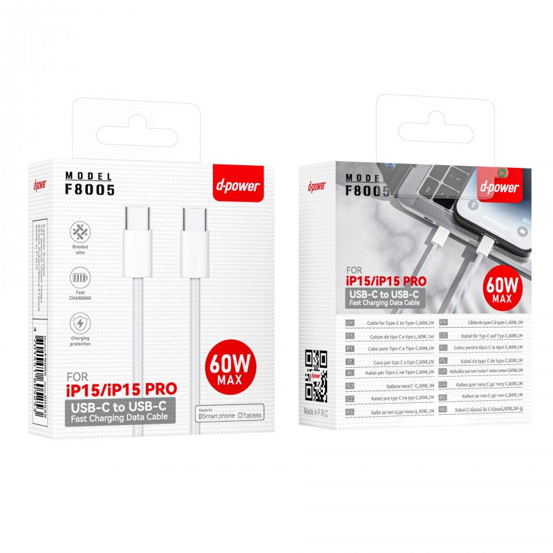 Câble Nylon Type C vers Type C pour ip 15 60W Max 1m - Blanc (cable tressé)